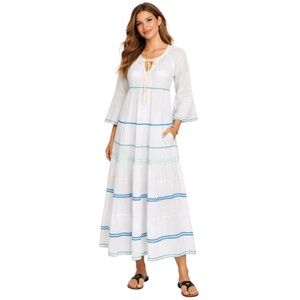9 Seed Majorca Maxi Cover-Up Dress Blue Ric Rac Trim Tiered Beach Size M/L